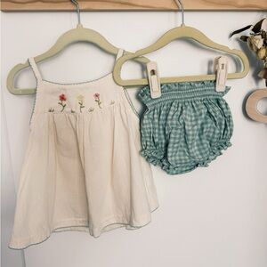 Charming Cream Embroidered Top and Green Checkered Bloomers Set